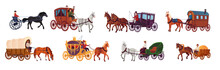 Horse Vehicles. Ancient Trip Wagon Victorian Carriage, Wagoneer Chariot Or Working Rustic Horses Cart, Wedding Royal Stagecoach Old Historic Vehicle, Ingenious Vector Illustration