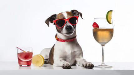 Wall Mural - Funny Terrier Dog with eyeglass and delicious Cocktail