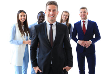 Happy smart business man with team mates on a transparent background