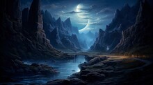 Mountain River In A Gorge, Fantasy Night Landscape, Moonlight Blue Light. Generation AI
