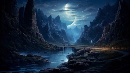 Mountain river in a gorge, fantasy night landscape, moonlight blue light. Generation AI