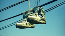 Urban Expression, Sneakers Hanging On A Telephone Wire Against The Blue Sky, Generative AI
