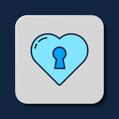 Sticker - Filled outline Heart with keyhole icon isolated on blue background. Locked Heart. Love symbol and keyhole sign. Vector