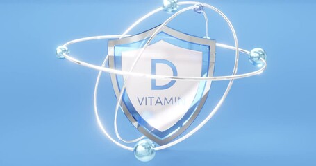 Poster - vitamin d inscription on the shield and atoms with orbits flying around. vitamin d protection concept, vitamin complex