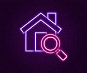 Canvas Print - Glowing neon line Search house icon isolated on black background. Real estate symbol of a house under magnifying glass. Colorful outline concept. Vector