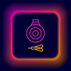 Sticker - Glowing neon line Classic dart board and arrow icon isolated on black background. Dartboard sign. Game concept. Colorful outline concept. Vector