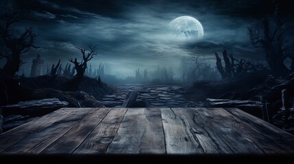 Wall Mural - Wooden table against the backdrop of a night landscape with mountains and a foggy forest. Generation AI