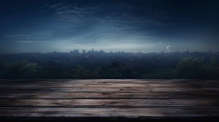 Wall Mural - Wooden table against the backdrop of a night landscape with mountains and a foggy forest. Generation AI