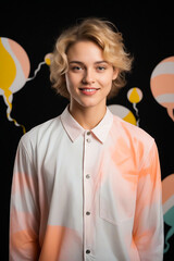 Wall Mural - Woman with blonde hair and white shirt smiling at the camera.