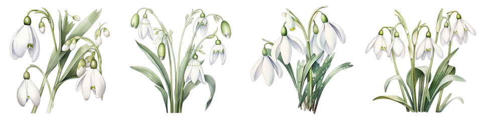 Wall Mural - Snowdrop Botanical View On A Clean White Background Soft Watercolour Transparent Background