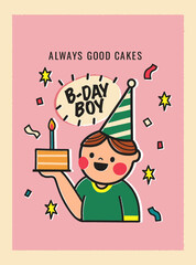 Wall Mural - Happy birthday card with cartoon boy holding a piece of cake illustration on pink background. Sticker style greeting card in retro style. Cute postcard for child or design for your brand.