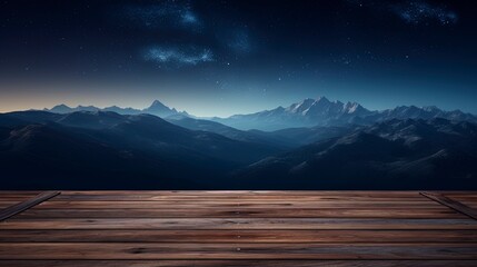 Wall Mural - Wooden table against the backdrop of a night landscape with mountains. Generation AI