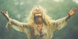Enchanting blonde hippie woman freely dancing in the hail.