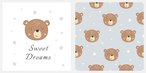 Wall Mural - Cartoon and seamless pattern with cute bear. Animal vector illustration. For print, textile, clothing, kids apparel, wrapping paper, wallpaper, card