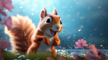 A squirrel is standing in a field of flowers