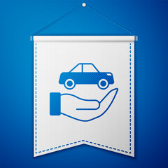 Wall Mural - Blue Car insurance icon isolated on blue background. Insurance concept. Security, safety, protection, protect concept. White pennant template. Vector