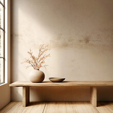 Rustic Wood Bench Against Beige Stucco Wall With Copy Space. Japandi Interior Design Of Modern Entrance Hall.