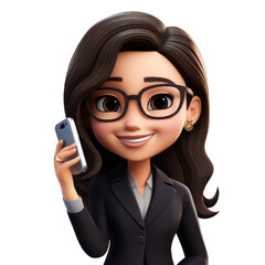 Wall Mural - Emoji happy woman with a phone on a transparent background. Memoji PNG