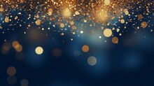 Abstract Glitter Lights Background In Blue, Gold And Black Colors. Blurred Bokeh Effect. Elegant And Festive Design For Banner, Poster, Invitation, Card Or Wallpaper.