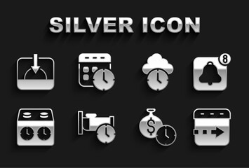 Sticker - Set Time to sleep, Alarm clock app mobile, flies on the, is money, chess, Clock, Sunset and Calendar and icon. Vector