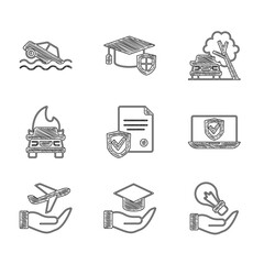 Sticker - Set Contract with shield, Education grant, Light bulb in hand, Insurance online, Plane, Burning car, Car damaged by fallen tree and Flood icon. Vector