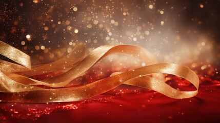 Wall Mural - Christmas holidays red and gold festive background with ribbons and shine glitter. Christmas New year winter holidays blue Background with Golden Glitter bokeh selective focus