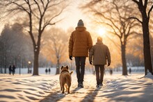 Back View Of A Man With A Dog Walking In A Winter Park. Ai Generative