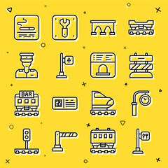 Sticker - Set line Cafe and restaurant location, Train station clock, End of railway tracks, Bridge for train, Road traffic signpost, conductor, Smoking area and Ticket office buy tickets icon. Vector