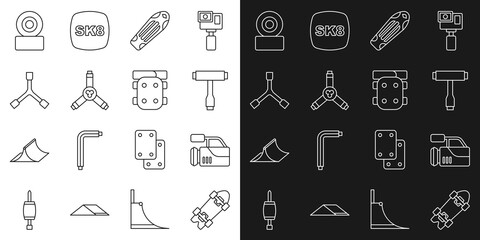 Poster - Set line Longboard or skateboard, Cinema camera, Skateboard T tool, deck, Y-tool, wheel and Knee pads icon. Vector