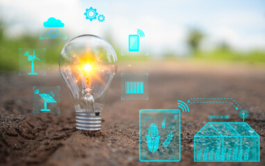 Smart agriculture, sensor concept. Light bulb , plant , moisture, ph, nitrogen, phosphorus, potassium and sunlight infographic. Texts with blue background. Flare light