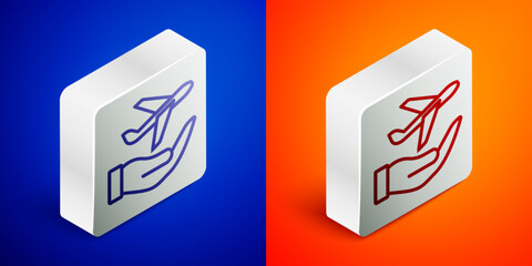 Wall Mural - Isometric line Plane in hand icon isolated on blue and orange background. Flying airplane. Airliner insurance. Security, safety, protection, protect concept. Silver square button. Vector