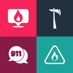 Poster - Set pop art Fire flame in triangle, Telephone call 911, Firefighter axe and Location with fire icon. Vector