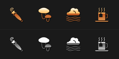 Sticker - Set Umbrella, Mushroom, Windy weather and Cup of tea with tea bag icon. Vector