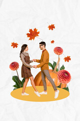 Sticker - Poster banner postcard collage of happy couple dancing on thanksgiving day event occasion