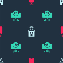 Sticker - Set Mobile with wi-fi wireless, Smart home and Tv system on seamless pattern. Vector