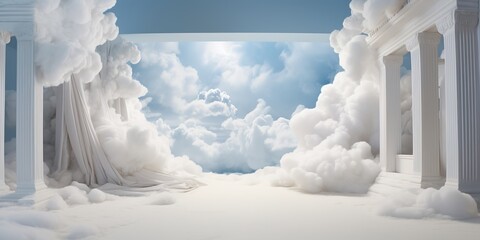 Wall Mural - Generative AI, White blue fantastic 3d clouds in the room interior, sky and landscape. Gentle colors and with bright lights..	