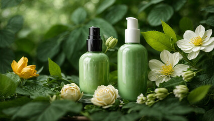 green natural cosmetics two bottles in natural background with flowers and leaves. cosmetics products. 