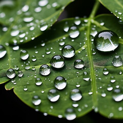 Wall Mural - Large beautiful drops of transparent rain water on a green leaf macro. Drops of dew in the morning glow in the sun. Beautiful leaf texture in nature