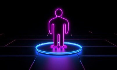 Wall Mural - Pink and Blue neon light user icon. Vibrant colored Social technology symbol, on a black background with high tech floor. 3D Render, Generative AI