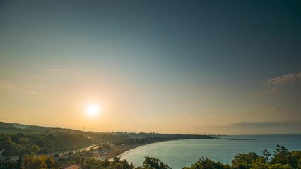 Wall Mural - Turkish Riviera Or Turquoise Coast. Sunrise View Timelapse Above Mediterranean Coast Of Antalya And Alanya. Travel To Turkey. Favorable Climate, Warm Sea, Mountainous. Popular Touristic Coastline.