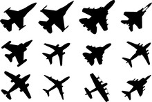 Jet Fighter Airplane Icon Set. Military Jet Fighter Silhouettes In Editable Vector. War And Air Defense Symbol. Eps 10.