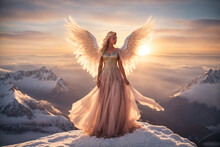Angel's Ascent: Ice Mountain Majesty And Radiance At Sunset.