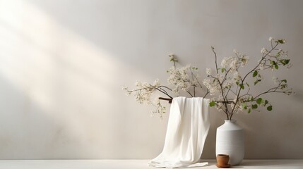 Poster -  a white vase with flowers in it sitting on a table.  generative ai