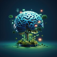 Un cerveau humain créatif bleu, concept de l'intelligence artificielle, marketing digital et technologie, arrière-plan bleu foncé.