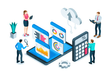 Wall Mural - isometric business men and a woman near a tablet work with statistics, in color on a white background, analytics and finance