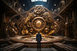 Back view on human standing in front of huge gears.