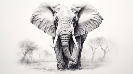 Canvas Print -  a drawing of an elephant in a field of grass and trees.  generative ai