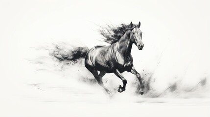 Wall Mural -  a black and white photo of a horse running in the wind.  generative ai