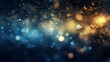 Abstract glitter lights background in blue, gold and black colors. Defocused bokeh effect. Banner for festive, celebration or party themes.