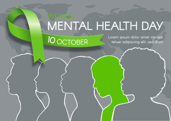 Wall Mural - Mental Health Day. Banner with green ribbon, space for text, and diverse people. Vector flat illustration.